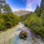 Soča river and mountains in the background
